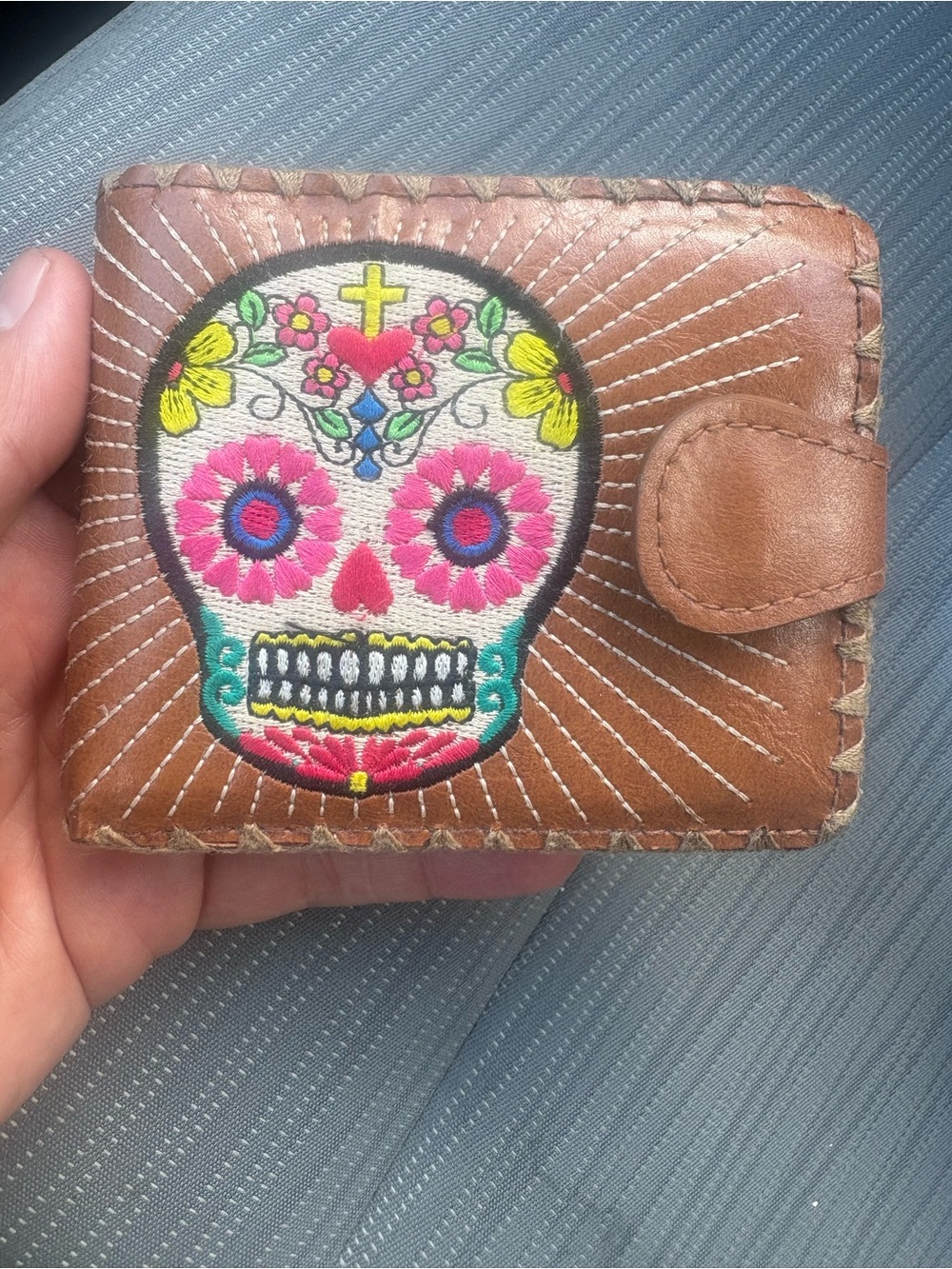 Brown Leather Wallet with Colorful Sugar Skull Embroidery